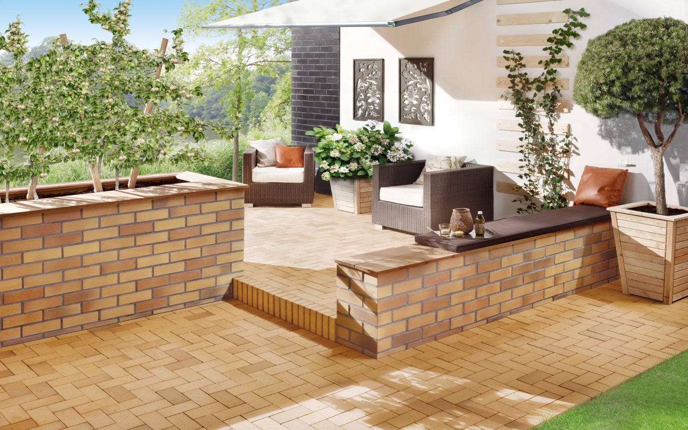 paver, penter, paving stone, terrace, garden, armchair, plant